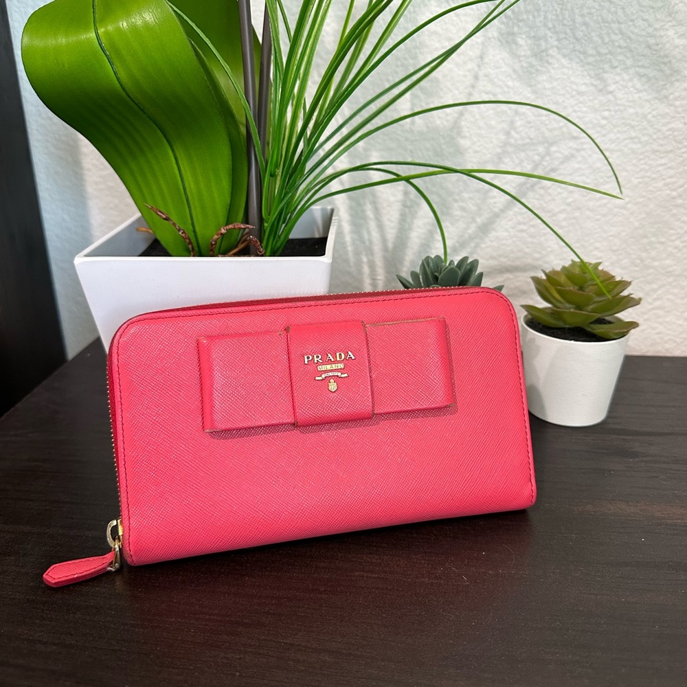 Pink Prada Ribbon Saffiano Leather Zippy Long Wallet